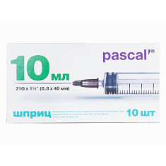 Шприц 3-компонентный одноразовый 10мл игла 21G (0,8x40) тип Луер N10 Паскаль
