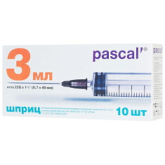 Шприц 3-компонентный одноразовый 3мл игла 22G (0,7x40) тип Луер N10 Паскаль