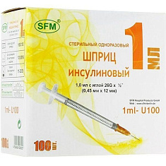 Шприц инсулиновый 1мл U100 с иглой 26G 0,45x12 N100 SF Medical Products