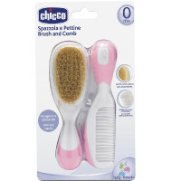 Чикко Набор детская расческа и щётка с натуральными щетинками,розовый,0мес.+