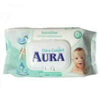 AURA Влажные салфетки для детей Ultra Comfort с экстрактом алоэ и витамином Е с крышкой 100шт