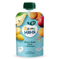 ФрутоНяня Пюре из яблок с бананом, грушей и печеньем 6 мес. пауч, 90 г