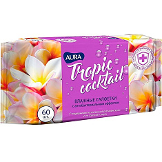 Аура Влажные освежающие салфетки с антибактериальным эффектом Tropic Cocktail 60 шт