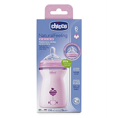 Chicco Natural Feeling бутылочка полипропиленовая + соска силиконовая с флексорами 6+ 330мл розовая